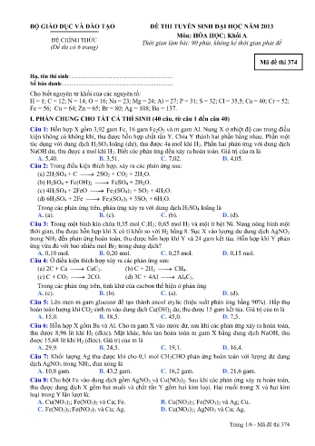 Đề thi tuyển sinh đại học năm 2013 Hóa học Khối A - Mã đề 374 (Kèm đáp án)