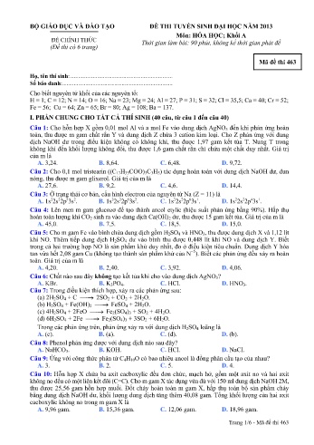 Đề thi tuyển sinh đại học năm 2013 Hóa học Khối A - Mã đề 463 (Kèm đáp án)