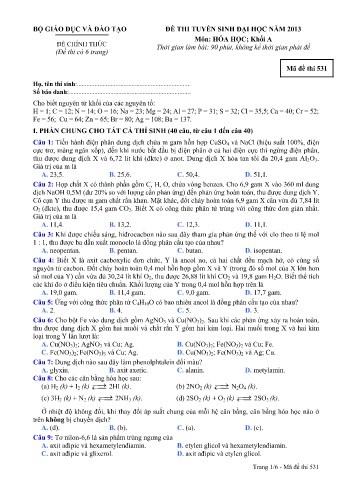 Đề thi tuyển sinh đại học năm 2013 Hóa học Khối A - Mã đề 531 (Kèm đáp án)