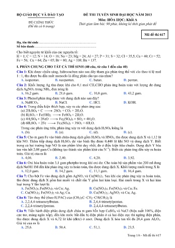 Đề thi tuyển sinh đại học năm 2013 Hóa học Khối A - Mã đề 617 (Kèm đáp án)