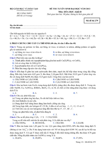 Đề thi tuyển sinh đại học năm 2013 Hóa học Khối B - Mã đề 279 (Kèm đáp án)