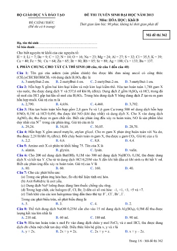 Đề thi tuyển sinh đại học năm 2013 Hóa học Khối B - Mã đề 362 (Kèm đáp án)