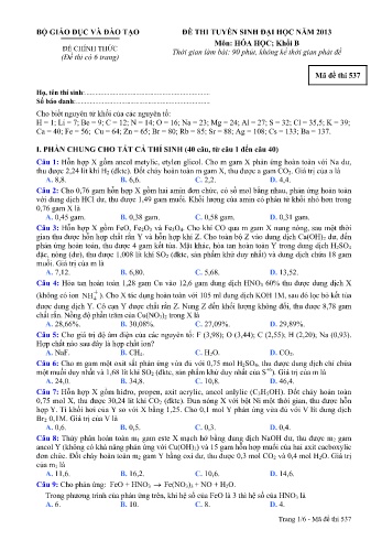 Đề thi tuyển sinh đại học năm 2013 Hóa học Khối B - Mã đề 537 (Kèm đáp án)