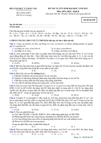 Đề thi tuyển sinh đại học năm 2013 Hóa học Khối B - Mã đề 695 (Kèm đáp án)