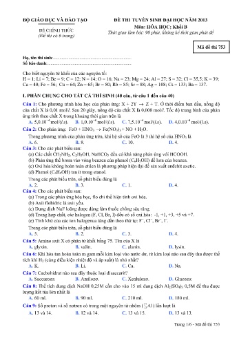 Đề thi tuyển sinh đại học năm 2013 Hóa học Khối B - Mã đề 753 (Kèm đáp án)