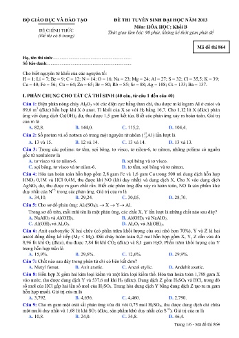 Đề thi tuyển sinh đại học năm 2013 Hóa học Khối B - Mã đề 864 (Kèm đáp án)