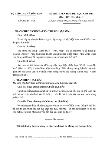 Đề thi tuyển sinh đại học năm 2013 môn Lịch sử Khối C (Kèm đáp án)
