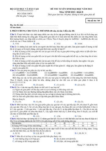 Đề thi tuyển sinh đại học năm 2013 môn Sinh học Khối B - Mã đề 749 (Kèm đáp án)