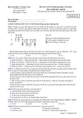 Đề thi tuyển sinh đại học năm 2013 môn Sinh học Khối B - Mã đề 196 (Kèm đáp án)