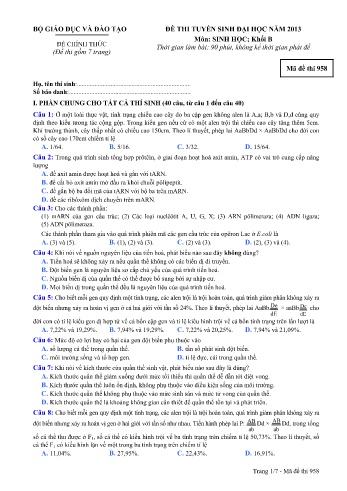 Đề thi tuyển sinh đại học năm 2013 môn Sinh học Khối B - Mã đề 958 (Kèm đáp án)