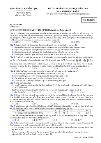 Đề thi tuyển sinh đại học năm 2013 môn Sinh học Khối B - Mã đề 371 (Kèm đáp án)