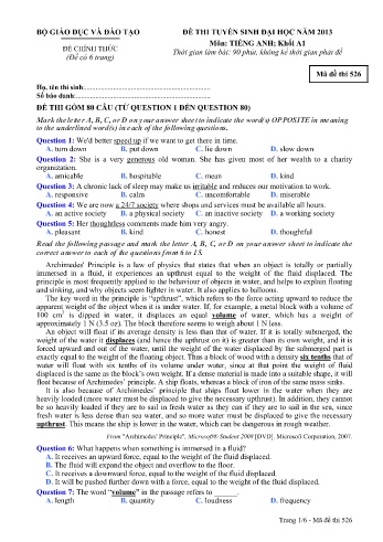 Đề thi tuyển sinh đại học năm 2013 môn Tiếng Anh Khối A1 - Mã đề 526 (Kèm đáp án) Đề thi tuyển sinh đại học năm 2013 môn Tiếng Anh Khối A1 - Mã đề 526 (Kèm đáp án)