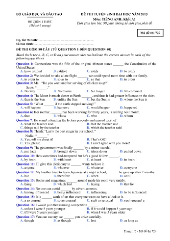 Đề thi tuyển sinh đại học năm 2013 môn Tiếng Anh Khối A1 - Mã đề 729 (Kèm đáp án) Đề thi tuyển sinh đại học năm 2013 môn Tiếng Anh Khối A1 - Mã đề 729 (Kèm đáp án)