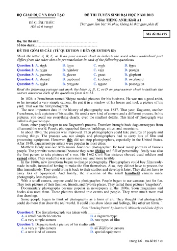 Đề thi tuyển sinh đại học năm 2013 môn Tiếng Anh Khối A1 - Mã đề 475 (Kèm đáp án) Đề thi tuyển sinh đại học năm 2013 môn Tiếng Anh Khối A1 - Mã đề 475 (Kèm đáp án)