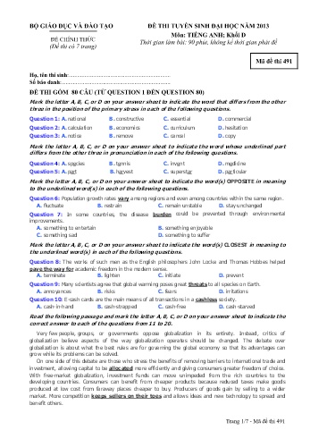 Đề thi tuyển sinh đại học năm 2013 môn Tiếng Anh Khối D - Mã đề 491 (Kèm đáp án) Đề thi tuyển sinh đại học năm 2013 môn Tiếng Anh Khối D - Mã đề 491 (Kèm đáp án)