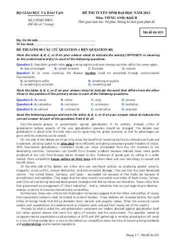 Đề thi tuyển sinh đại học năm 2013 môn Tiếng Anh Khối D - Mã đề 815 (Kèm đáp án) Đề thi tuyển sinh đại học năm 2013 môn Tiếng Anh Khối D - Mã đề 815 (Kèm đáp án)