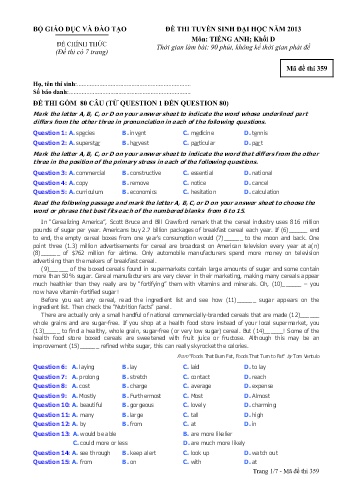 Đề thi tuyển sinh đại học năm 2013 môn Tiếng Anh Khối D - Mã đề 359 (Kèm đáp án) Đề thi tuyển sinh đại học năm 2013 môn Tiếng Anh Khối D - Mã đề 359 (Kèm đáp án)