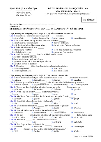 Đề thi tuyển sinh đại học năm 2013 môn Tiếng Đức Khối D - Mã đề 394 (Kèm đáp án) Đề thi tuyển sinh đại học năm 2013 môn Tiếng Đức Khối D - Mã đề 394 (Kèm đáp án)