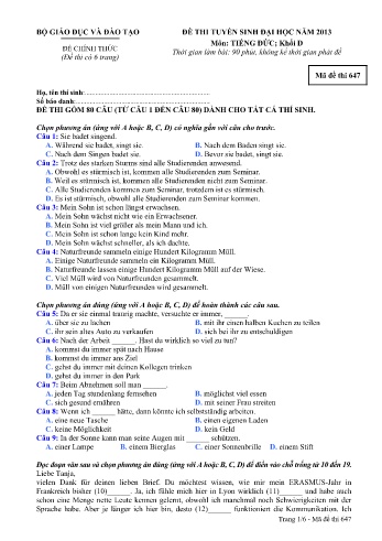 Đề thi tuyển sinh đại học năm 2013 môn Tiếng Đức Khối D - Mã đề 647 (Kèm đáp án) Đề thi tuyển sinh đại học năm 2013 môn Tiếng Đức Khối D - Mã đề 647 (Kèm đáp án)