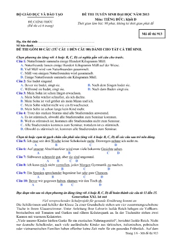 Đề thi tuyển sinh đại học năm 2013 môn Tiếng Đức Khối D - Mã đề 913 (Kèm đáp án) Đề thi tuyển sinh đại học năm 2013 môn Tiếng Đức Khối D - Mã đề 913 (Kèm đáp án)