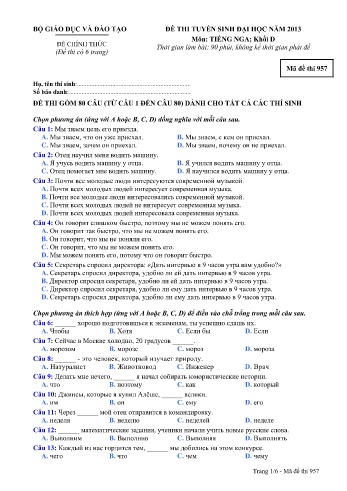 Đề thi tuyển sinh đại học năm 2013 môn Tiếng Nga Khối D - Mã đề 957 (Kèm đáp án) Đề thi tuyển sinh đại học năm 2013 môn Tiếng Nga Khối D - Mã đề 957 (Kèm đáp án)