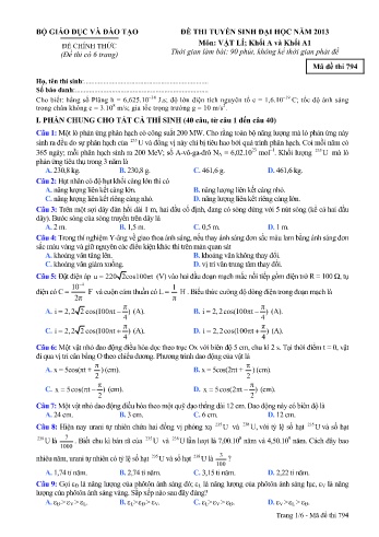 Đề thi tuyển sinh đại học năm 2013 môn Vật lí Khối A+A1 - Mã đề 794 (Kèm đáp án)