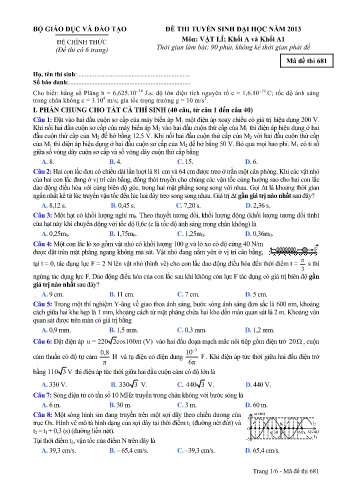 Đề thi tuyển sinh đại học năm 2013 môn Vật lí Khối A+A1 - Mã đề 681 (Kèm đáp án)