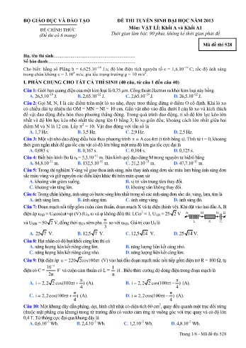 Đề thi tuyển sinh đại học năm 2013 môn Vật lí Khối A+A1 - Mã đề 528 (Kèm đáp án)
