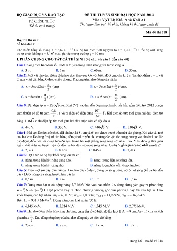 Đề thi tuyển sinh đại học năm 2013 môn Vật lí Khối A+A1 - Mã đề 318 (Kèm đáp án)