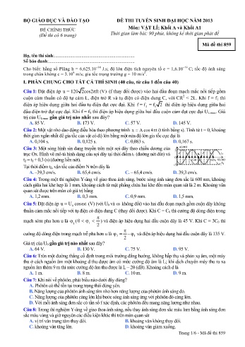 Đề thi tuyển sinh đại học năm 2013 môn Vật lí Khối A+A1 - Mã đề 859 (Kèm đáp án)