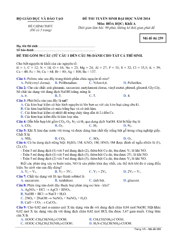 Đề thi tuyển sinh đại học năm 2014 Hóa học Khối A - Mã đề 259 (Kèm đáp án)