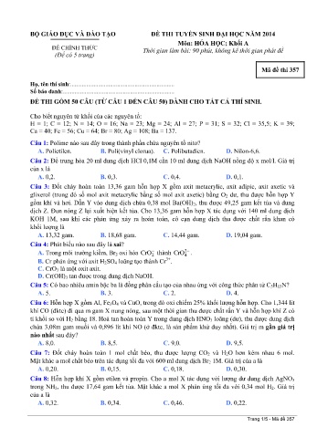 Đề thi tuyển sinh đại học năm 2014 Hóa học Khối A - Mã đề 357 (Kèm đáp án)