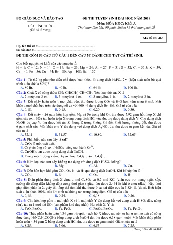 Đề thi tuyển sinh đại học năm 2014 Hóa học Khối A - Mã đề 468 (Kèm đáp án)