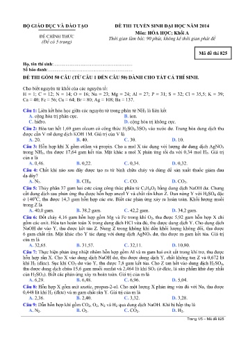 Đề thi tuyển sinh đại học năm 2014 Hóa học Khối A - Mã đề 825 (Kèm đáp án)