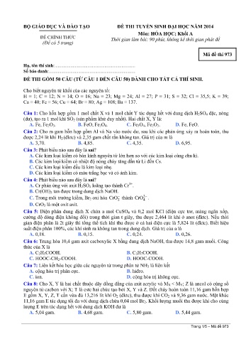 Đề thi tuyển sinh đại học năm 2014 Hóa học Khối A - Mã đề 973 (Kèm đáp án)