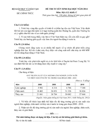 Đề thi tuyển sinh đại học năm 2014 môn Địa lí Khối C (Kèm đáp án)