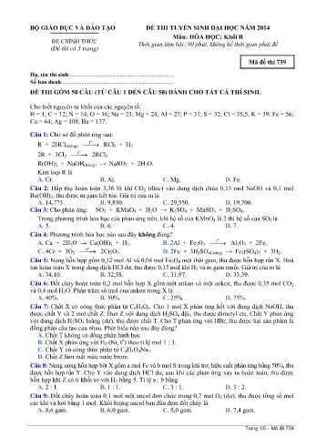Đề thi tuyển sinh đại học năm 2014 môn Hóa học Khối B - Mã đề 739 (Kèm đáp án)