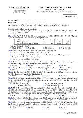 Đề thi tuyển sinh đại học năm 2014 môn Hóa học Khối B - Mã đề 527 (Kèm đáp án)