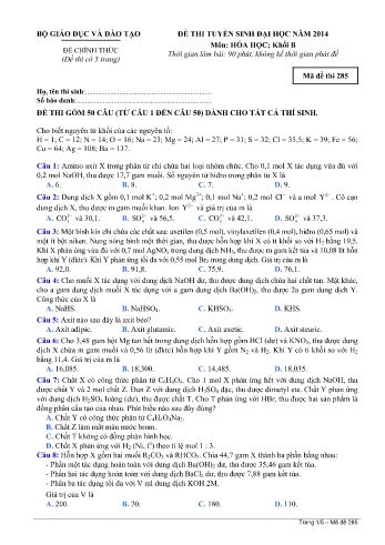 Đề thi tuyển sinh đại học năm 2014 môn Hóa học Khối B - Mã đề 285 (Kèm đáp án)