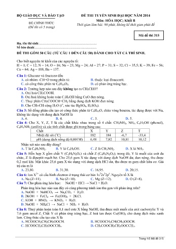Đề thi tuyển sinh đại học năm 2014 môn Hóa học Khối B - Mã đề 315 (Kèm đáp án)