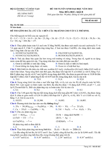 Đề thi tuyển sinh đại học năm 2014 môn Hóa học Khối B - Mã đề 683 (Kèm đáp án)