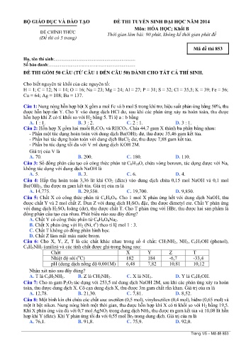 Đề thi tuyển sinh đại học năm 2014 môn Hóa học Khối B - Mã đề 853 (Kèm đáp án)