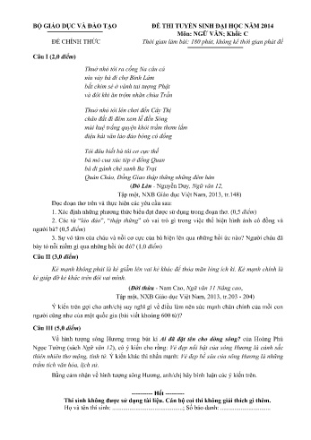 Đề thi tuyển sinh đại học năm 2014 môn Ngữ văn Khối C (Kèm đáp án)