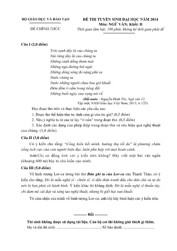 Đề thi tuyển sinh đại học năm 2014 môn Ngữ văn Khối D (Kèm đáp án)