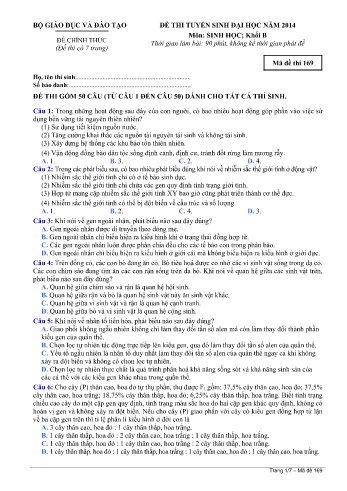 Đề thi tuyển sinh đại học năm 2014 môn Sinh học Khối B - Mã đề 169 (Kèm đáp án)