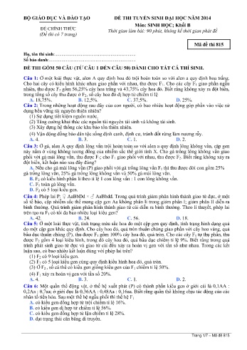 Đề thi tuyển sinh đại học năm 2014 môn Sinh học Khối B - Mã đề 815 (Kèm đáp án)