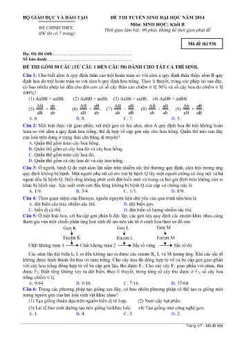 Đề thi tuyển sinh đại học năm 2014 môn Sinh học Khối B - Mã đề 936 (Kèm đáp án)