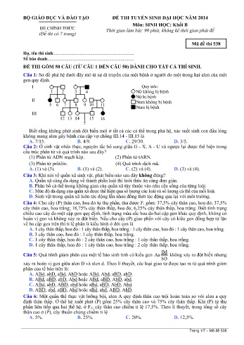 Đề thi tuyển sinh đại học năm 2014 môn Sinh học Khối B - Mã đề 538 (Kèm đáp án)