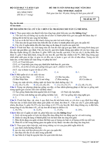 Đề thi tuyển sinh đại học năm 2014 môn Sinh học Khối B - Mã đề 397 (Kèm đáp án)