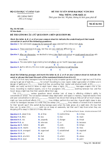 Đề thi tuyển sinh đại học năm 2014 môn Tiếng Anh Khối A1 - Mã đề 842 (Kèm đáp án)